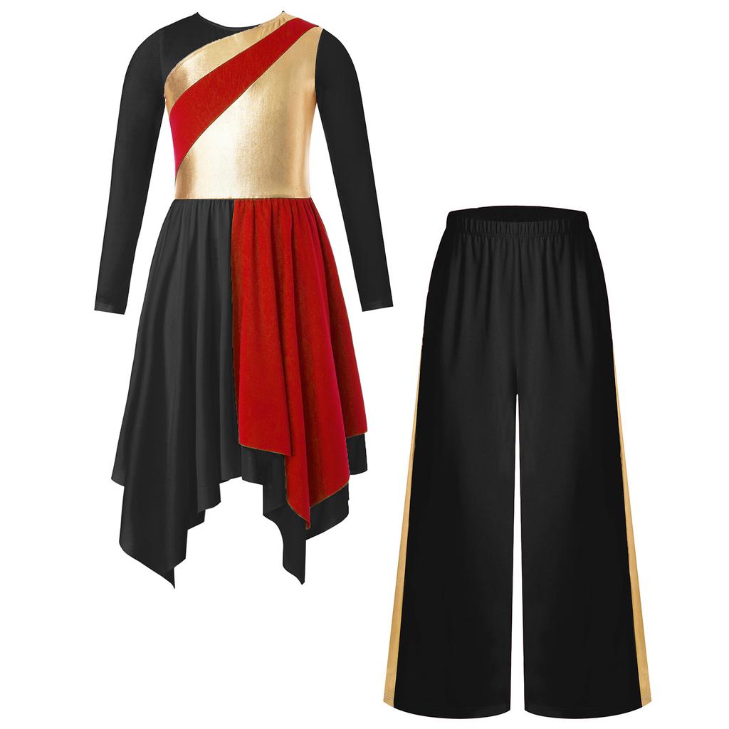 Girls Metallic Contrast Asymmetrical Hem Dress Wide Leg Pants Lyrical Praise Dance Costume Set