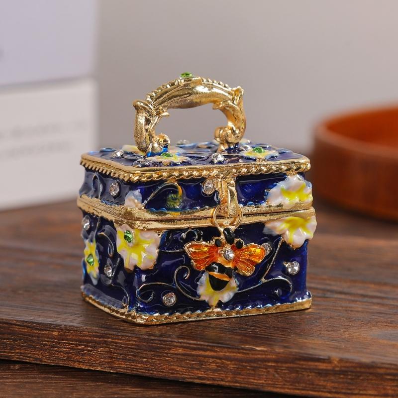 Mini Jewelry Storage Box with Enamel Finish, Metal Accessory Holder for Dresser Top, Desk Accent or Shelf Display