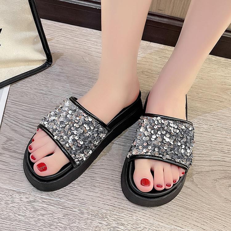 Женские тапочки с открытым носком и блестками, большого размера, на толстой подошве, летняя, новая, для отдыха на природе, пляжная, модная, повседневная женская обувь