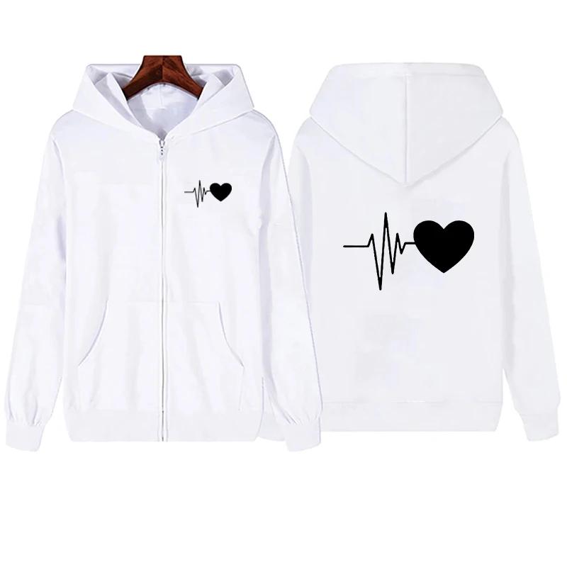 Women Heartbeat Printed Zipper Hoodie Autumn Winter Women Outdoor Sports Fashion Simple Long Sleeve Fleece Sweatshirts