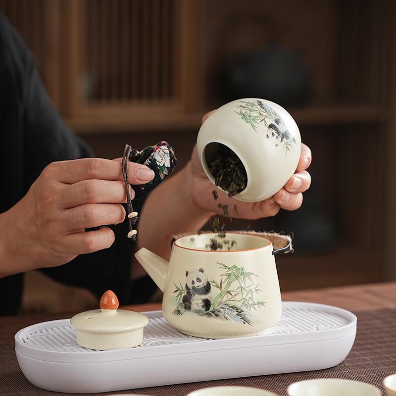 Panda Ru Kiln Camping Kung Fu Tea Set Small Set Storage Bag Anti-scalding Ceramic Teacup Portable Small Tea Set