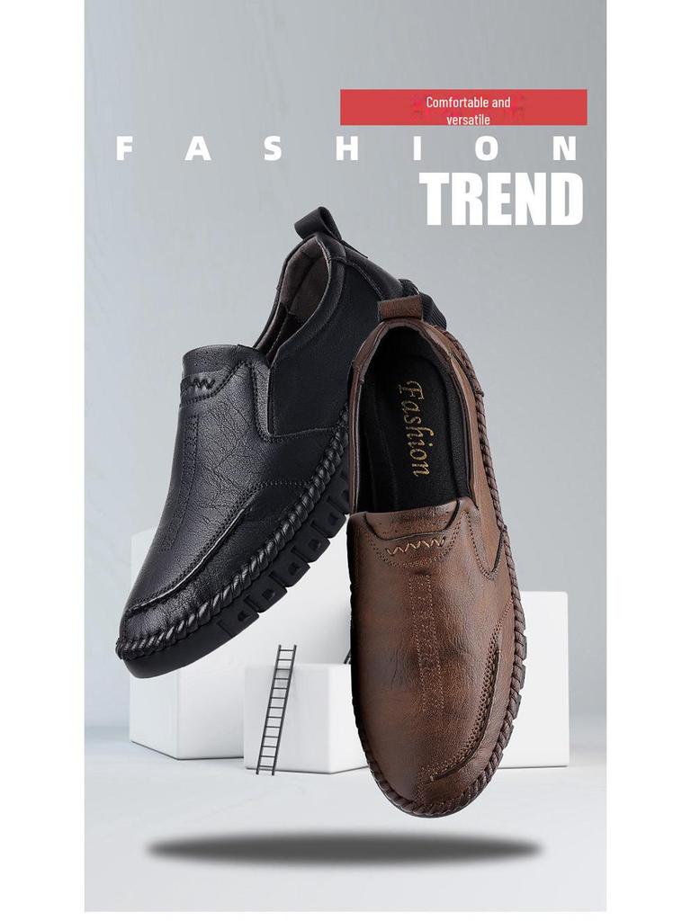 2022 Men's Casual Handmade Leather Shoes - Soft Sole, Spring/Autumn, Middle-Aged Dad Style (Model 5216)