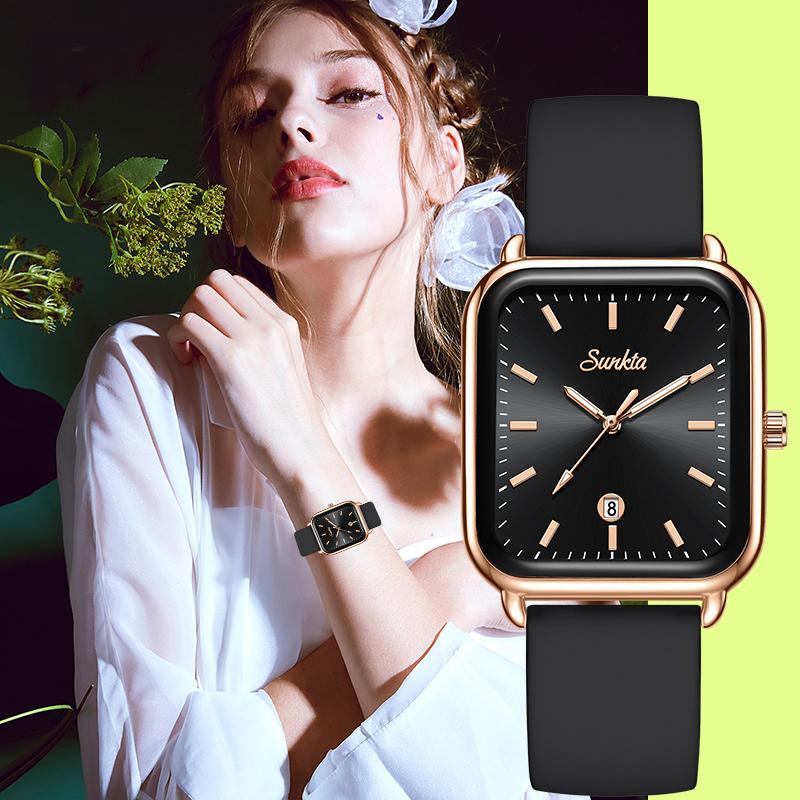 Sunkta Elegant Fashion Woman Watch Square Retro Luxury Silicone Belt Auto Date Casual Waterproof Luminous Quartz Watches for Men