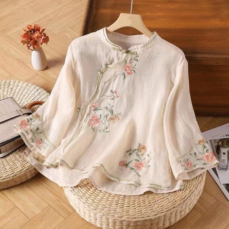 Women S Vintage Chinese Style Linen Cotton 3 4 Sleeve Shirt