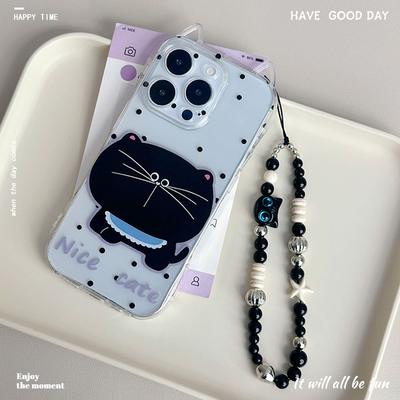 Новый чехол для телефона в горошек с черным котом, браслетом и кошачьими ушками подходит для iPhone 16 Pro Max и iPhone 15
