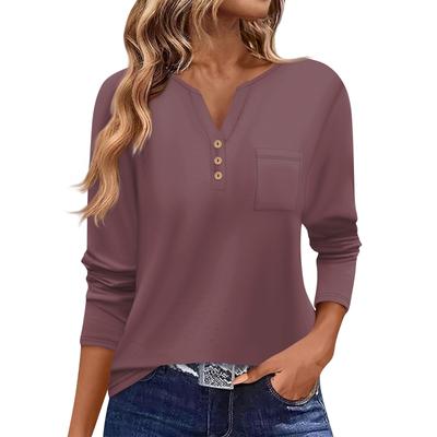 Женская футболка с длинным рукавом на пуговицах, повседневная, выходного дня, модная, базовая, с V-образным вырезом, обычная, с карманом
