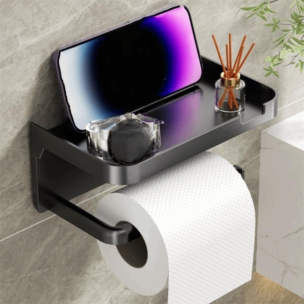 Wall Mounted Toilet Paper Holder Space Saving Storage Shelf No Drill Tissue Rack  Kitchen