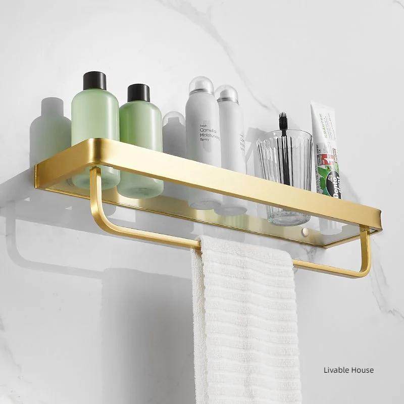 30-50CM Brushed Gold Glass Shelf Aluminum Bathroom Storage Holder Bath Shower Shelf Bathroom Shelf Mirror Wall Tray Towel Bar