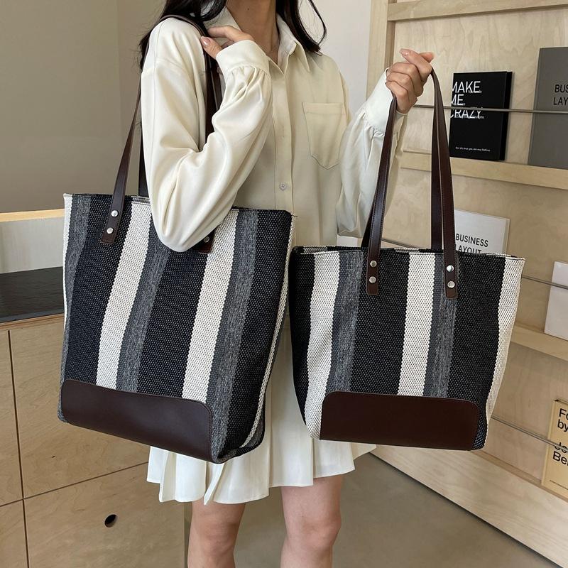 Новая вместительная холщовая сумка в контрастную полоску, женская универсальная сумка через плечо, портативная сумка-тоут