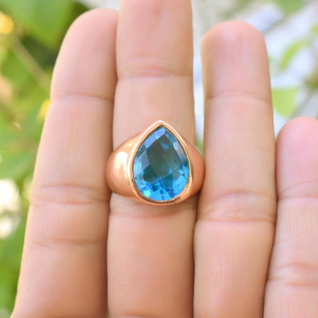Pear Cut Blue Topaz 925 Sterling Silver Rose Gold Fill Ring Jewelry, Topaz Artisan Gift Ring Jewelry