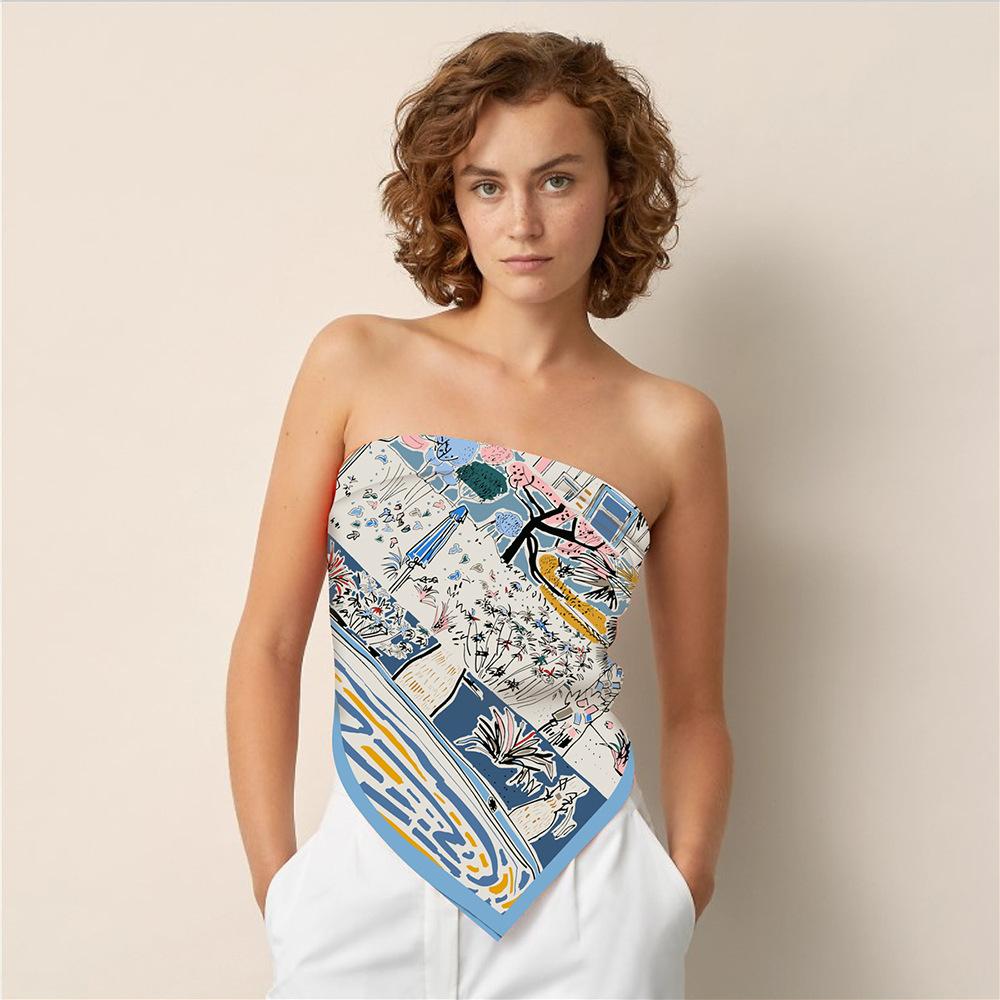 New Design Shawl Ocean Villa Printed Silk Scarf 90CM Square Scarves Lady Wraps Kerchief Woman Neck Shawl Wraps Echarpes