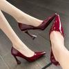 Shallow mouth sexy burgundy high heels women's 2025 summer celebrity new thick heel pointed patent leather imperial sister temperament single shoes