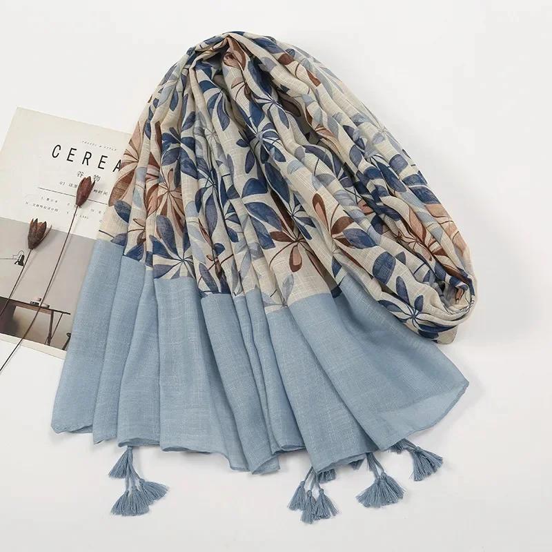 Retro Bamboo Cotton Scarf with Plant Floral Print Soft Versatile Travel Sand Scarf Fashionable Accessory for All Occasions