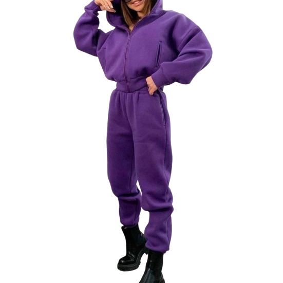 2 шт./компл. женское пальто и брюки комплект свободная молния эластичная талия с капюшоном сплошной цвет теплые флисовые эластичные манжеты