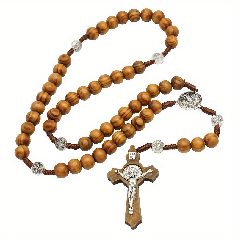 Christ Jesus Wooden Beads Rosary Bead Cross Pendant Woven Rope Chain Necklace Religious Orthodox Praying Jewelry