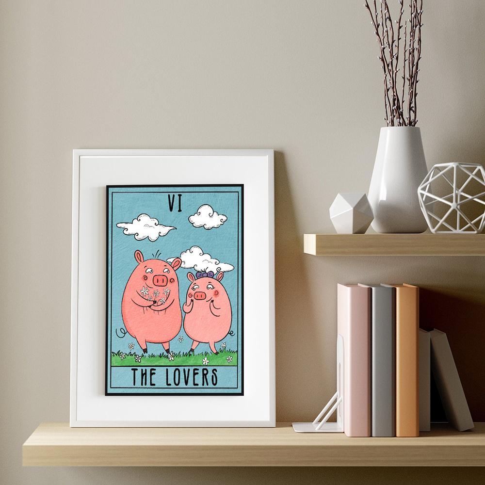 Забавный принт «Влюбленные Таро Свинья», настенный художественный декор, Kawaii, офисная комната, холст, картина, ретро, ​​абстрактная карта Таро, домашний декор, постер