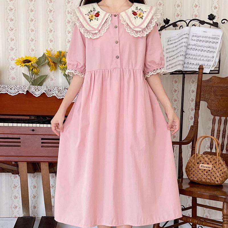 Японское летнее женское милое платье Mori Girl с воротником Питера Пэна, розовое, синее платье с цветочной вышивкой, милые платья Kawaii с кружевными оборками