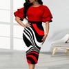 Women O-neck Layer Flared Sleeve Bodycon Dress Irregular Geometric Printing Hip Wrapped Office Lady Work Dress Workwear
