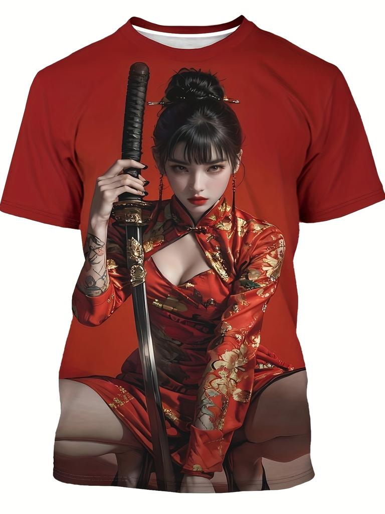 Мужская футболка с 3D-принтом "Курящая монашка" Черная Повседневная Летняя С круглым вырезом С коротким рукавом Модная Полиэстер Уличная одежда Футболка Ретро Одежда