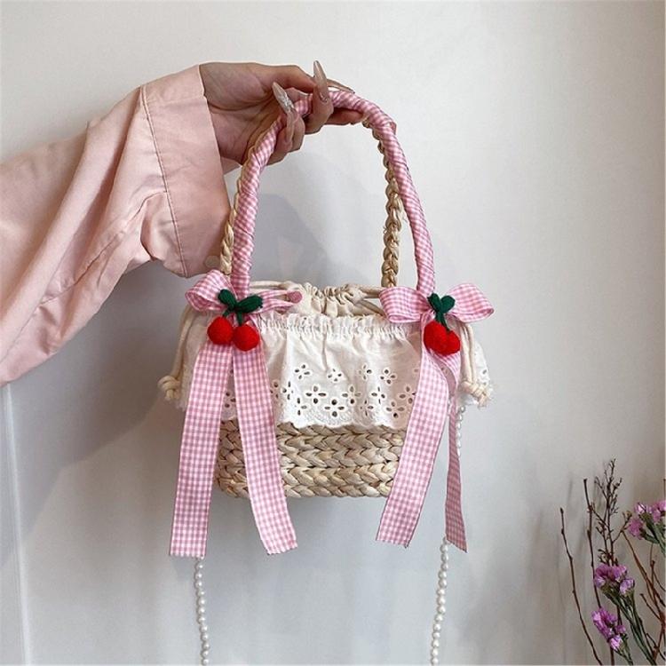Cute Bowknot Woven Straw Handbag Beach Ruffle Lace Pearl Chain Crossbody Bag