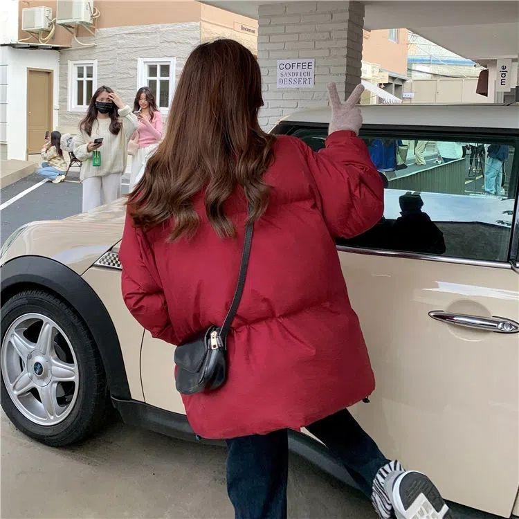 Women's Designer Unique Thickened Cotton Coat Burgundy Puffer Jacket Korean Style Loose Winter
