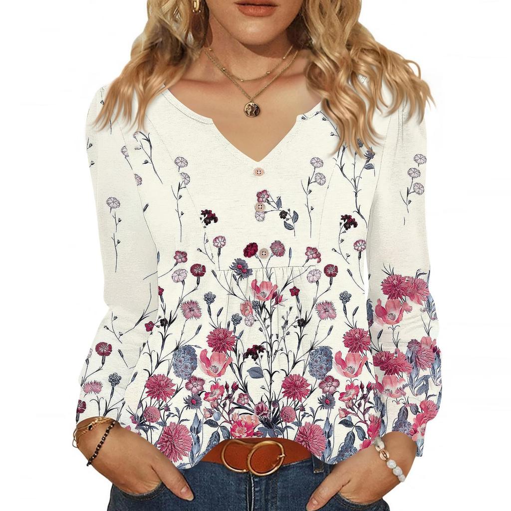 Женская модная повседневная блузка с V-образным вырезом на пуговицах, с длинным рукавом, пуловер, футболка, топ