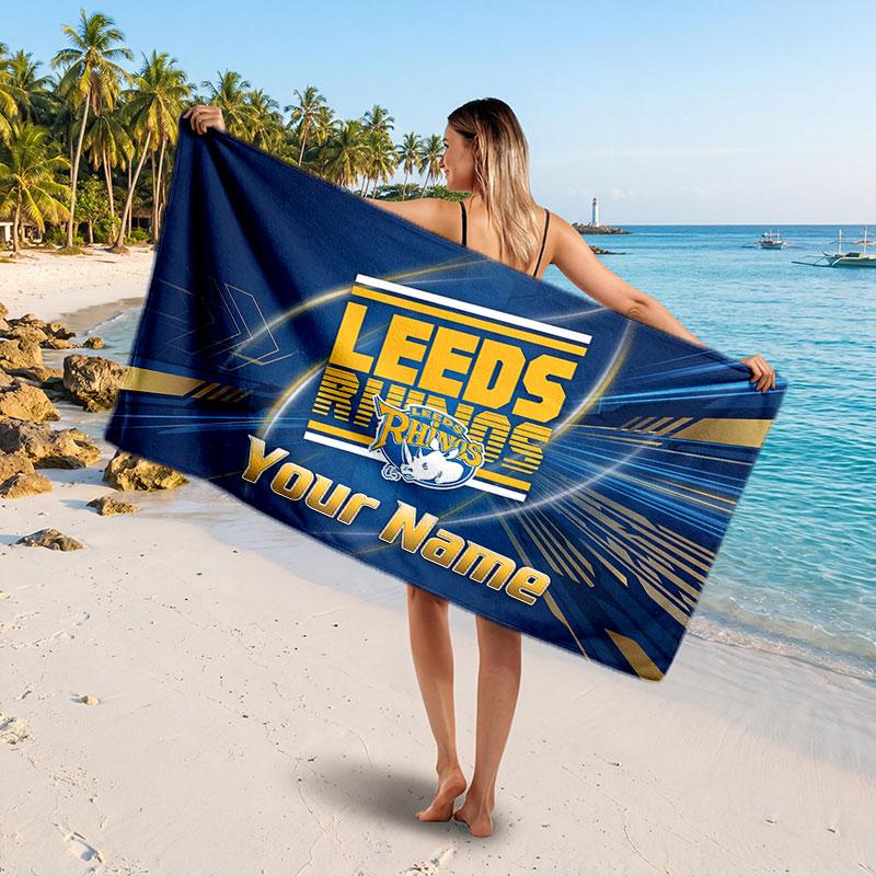 Leeds Rhinos Customized Name Text Beach Towel, Soft Absorbent Towel Beach Pool Travel Personal Gift