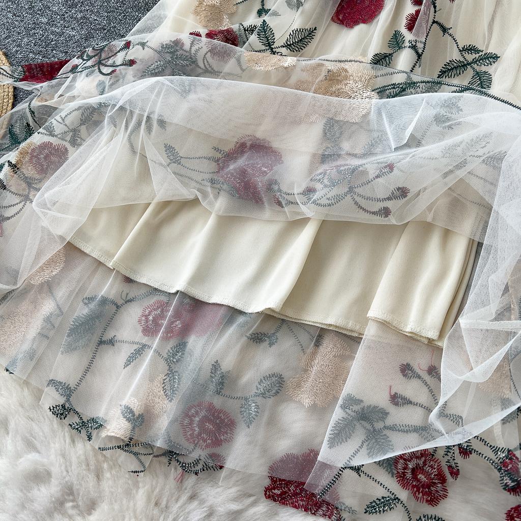 Summer Women Elegant Mesh Embroidery Flower Long Midi Tulle Skirt