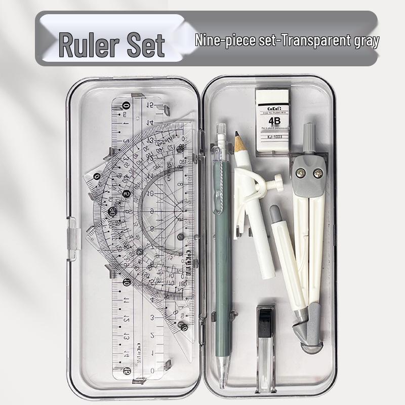 Набор геометрии из 9 предметов для школы: Компас, Транспортир, Линейка, Угольник и другое