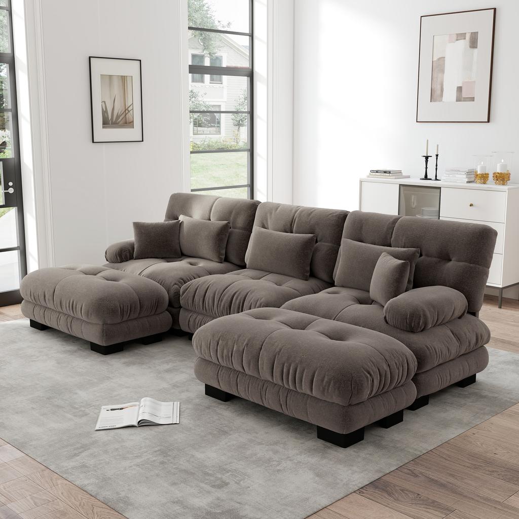 Luxurious Modular Corner Sofa - Oversized U-Shaped Cloud Couch for Living Room, Deep Seat Convertible Sofa Bed with Ottoman, Chenille Brown