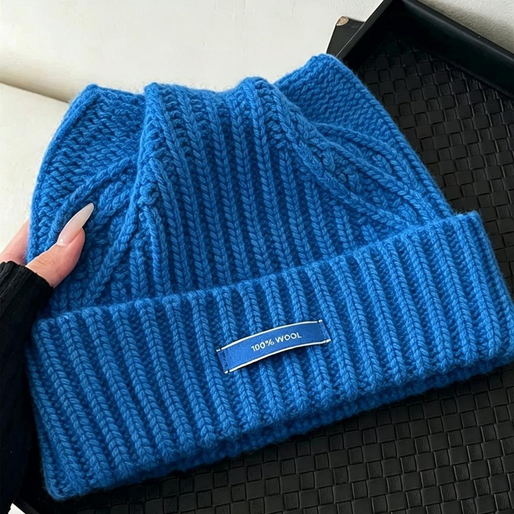 Korean order% wool vertical pattern cold hat women's big head circumference shows the face, cute cat ear hat multi-color knitted hat
