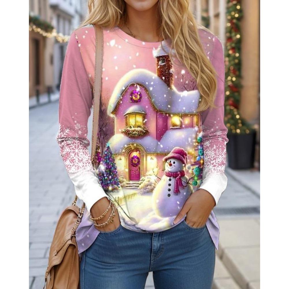 Christmas Women Sweatshirt Designer Round Neck Long Sleeve Loose Casual Christmas Snowman Fun Pattern Print Top