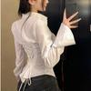 Модные женские бандажные рубашки уличная узкая блузка весенняя повседневная белая рубашка с рукавами-колокольчиками