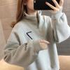 Cotton Sweater Women's Fall and Winter Loose Padded and Thickened Waffle Half-zipper Tops Casual Versatile Sweater