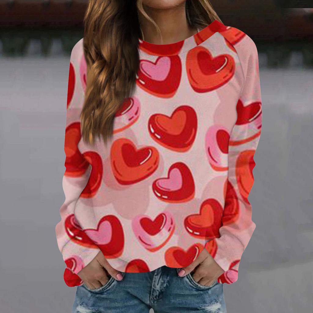 Женская модная повседневная толстовка с длинным рукавом и принтом на День святого Валентина и круглым вырезом