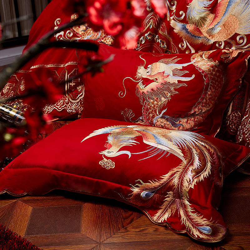 Длинноволокнистый хлопок плотностью 100, свадебная простыня и пододеяльник из четырех предметов, чистый хлопок, лоскутное одеяло с драконом и фениксом, красное стеганое одеяло, комплект из шести и десяти предметов