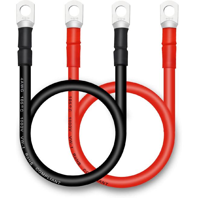 4 AWG Battery Cables with 3/8 inch Copper Terminals(2PCS 1FT)