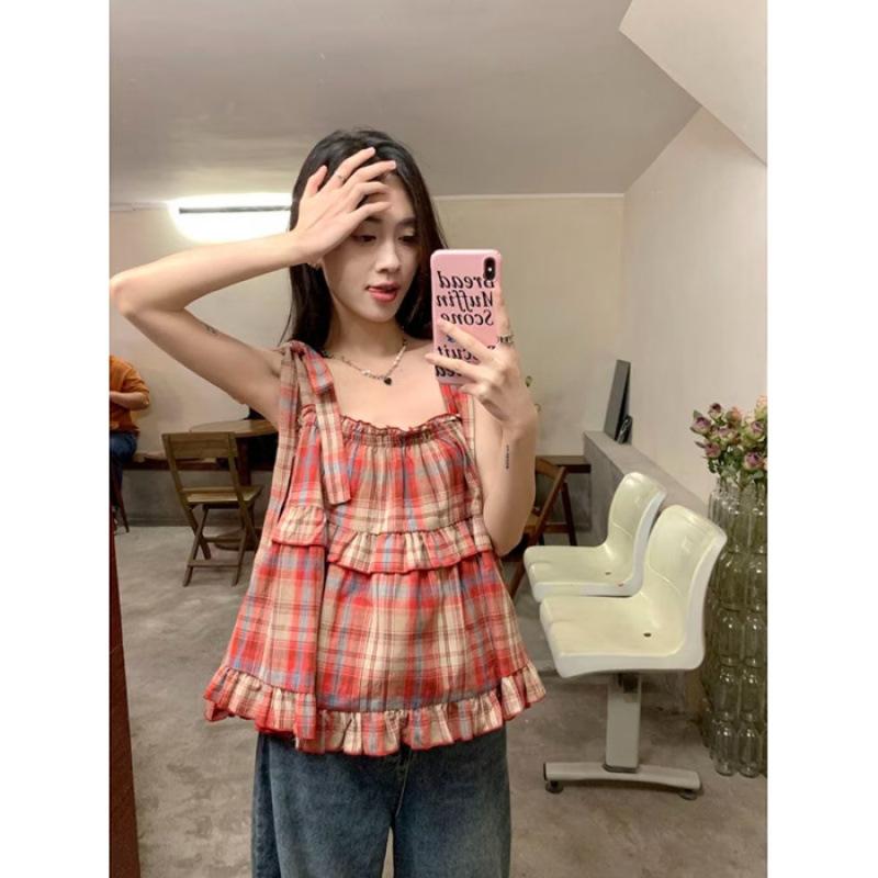 Красный клетчатый женский винтажный оборки милые девичьи укороченные топы праздничный крутой уличный стиль колледж стильная принцесса без рукавов