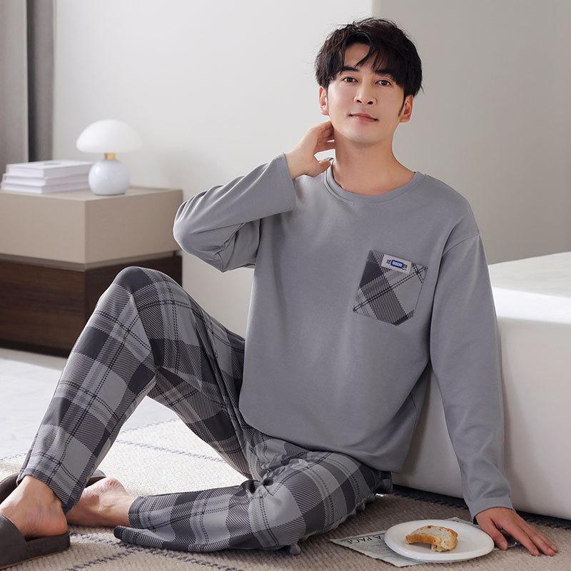 Pajamas Men'S Spring And Autumn Cotton Long Sleeve Crew Neck Casual Blue Autumn Loungewear Large Size Set