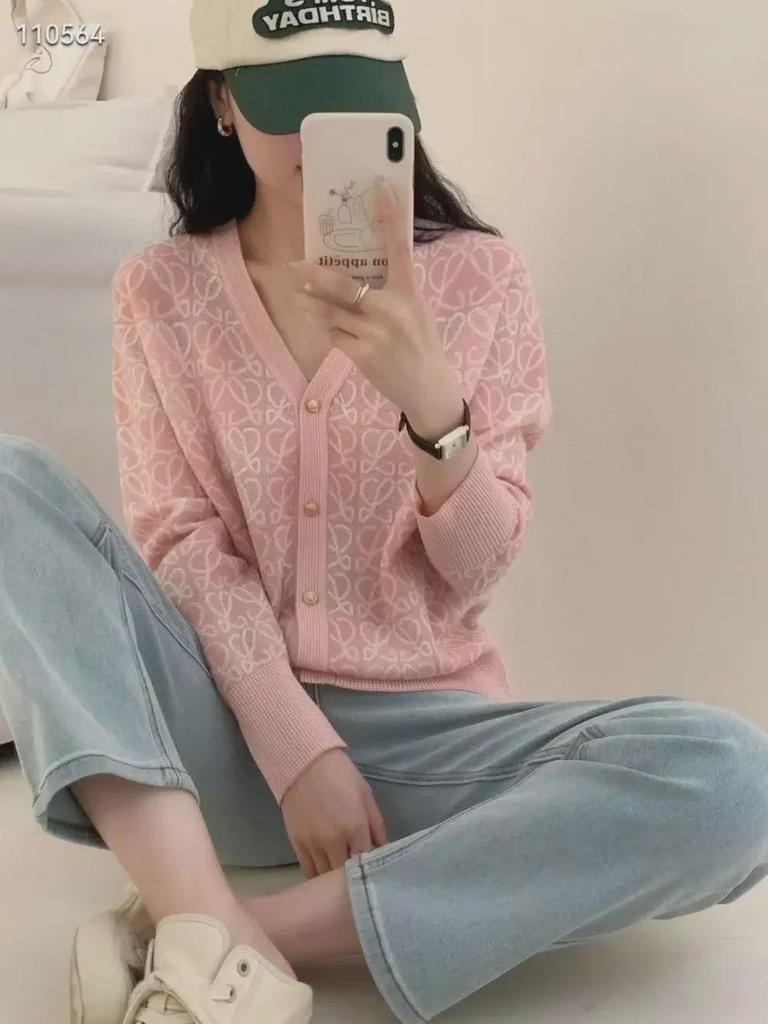 2023 Spring European Contrast Jacquard Collar Knit Women's Long Sleeve Cardigan Sweater