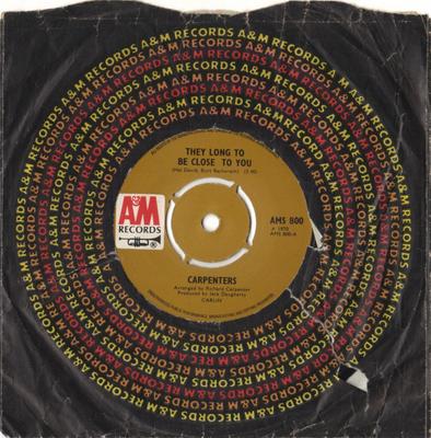 7-дюймовая пластинка CARPENTERS - They Long To Be Close To You AMS800 A&M Records 1970 UK Rock Б/у