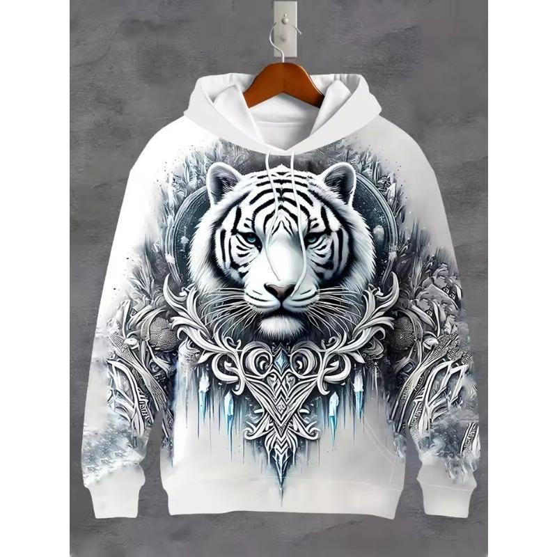 Vintage Men's Hooded Hoodies 3D Printed Battle Animal Pattern Sweatshirt Drawstring Sport Long Sleeve Tops Casual Men's Clothing