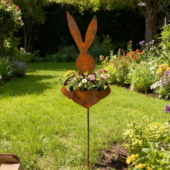 Easter Vintage Metal Rabbit Shaped Planter Garden Stake Rustic Bunny Silhouette Yard Decor with Patina Finish for Outdoor Garden Spring Flower Plants