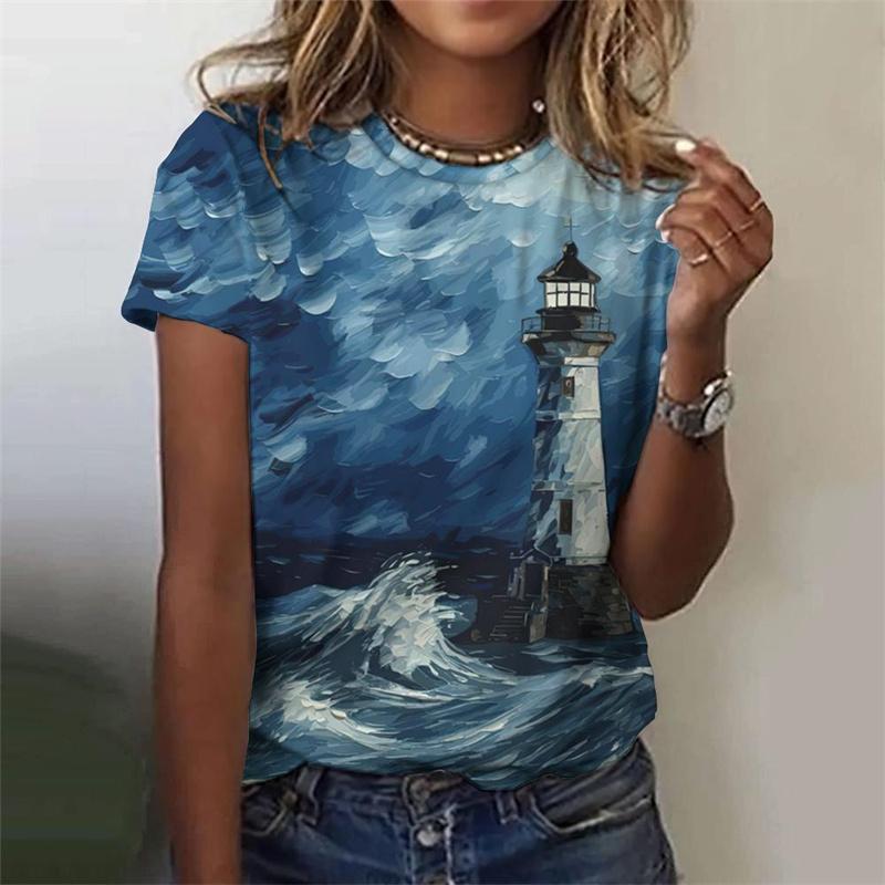 Футболка с изображением маяка в 3D-принте с изображением ночной сцены для женщин, летние повседневные футболки в стиле Харадзюку с короткими рукавами и круглым вырезом