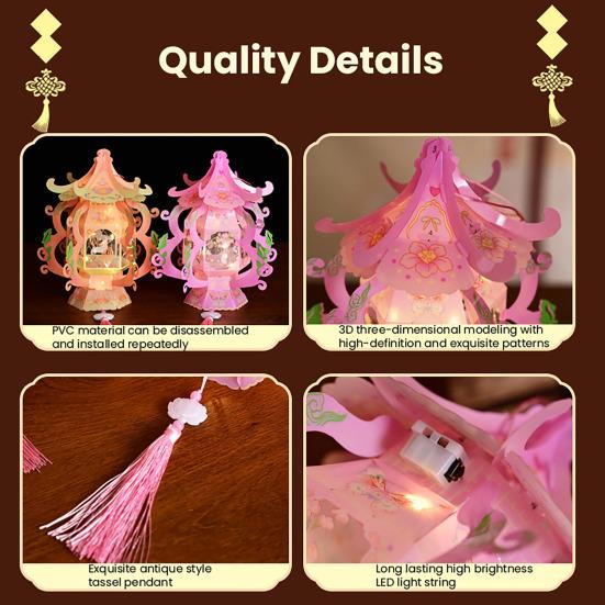 Handmade Chinese Traditional Lantern Kit Handcrafted Handheld 3D Hollow Chinese Palace Lantern with Lotus Tassel for Spring Festival Decoration