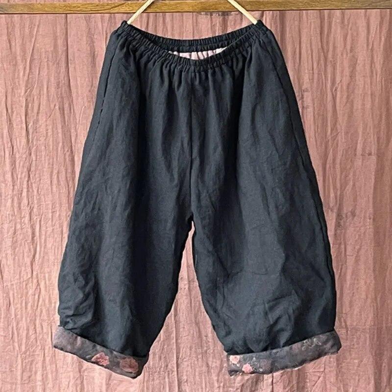 Johnature Женские винтажные льняные широкие брюки с эластичной резинкой на талии и лоскутными карманами, осенние однотонные женские брюки длиной до икры