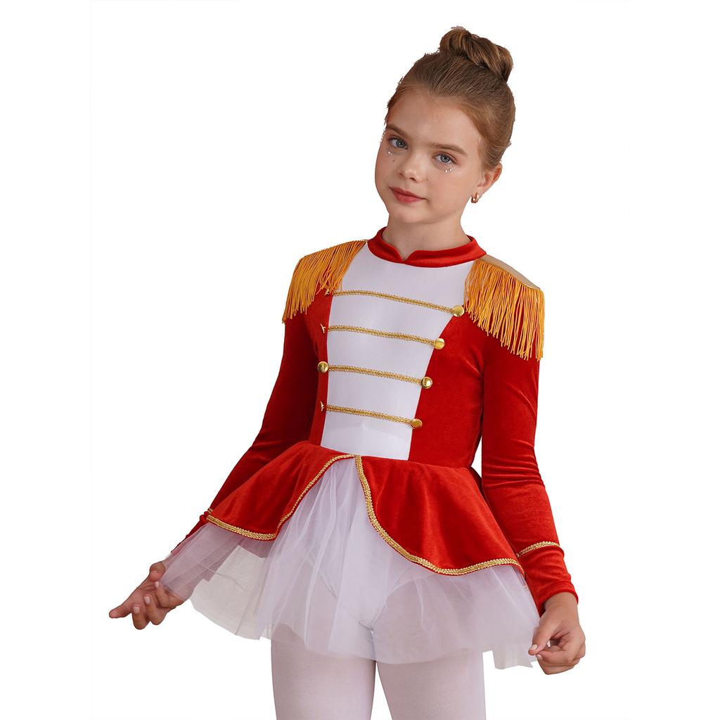 Цирковой купальник для девочек с длинным рукавом, эполетами с кисточками и сетчатой пачкой-туту, костюм для рождественского фестиваля и выступлений