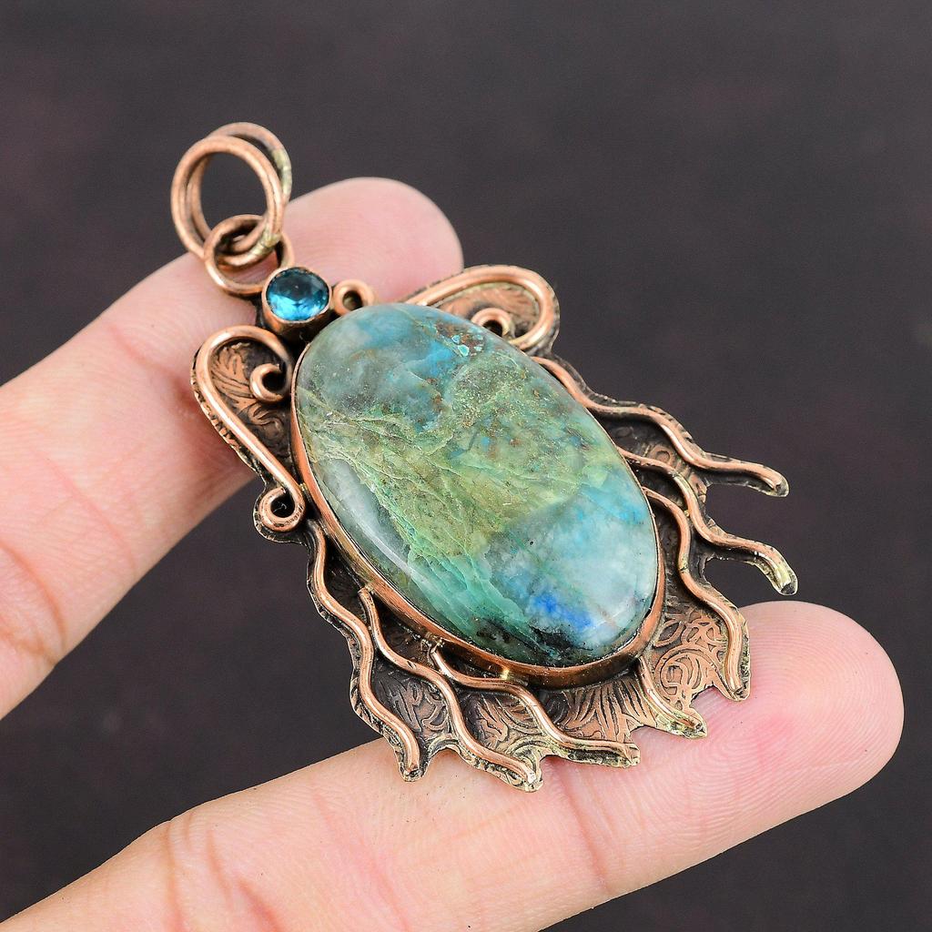 Chrysocolla Pendant Copper Gemstone Pendant Real Swiss Blue Topaz Pendant Copper Jewelry Healing Stone Pendant Gift For Her Handmade Pendant
