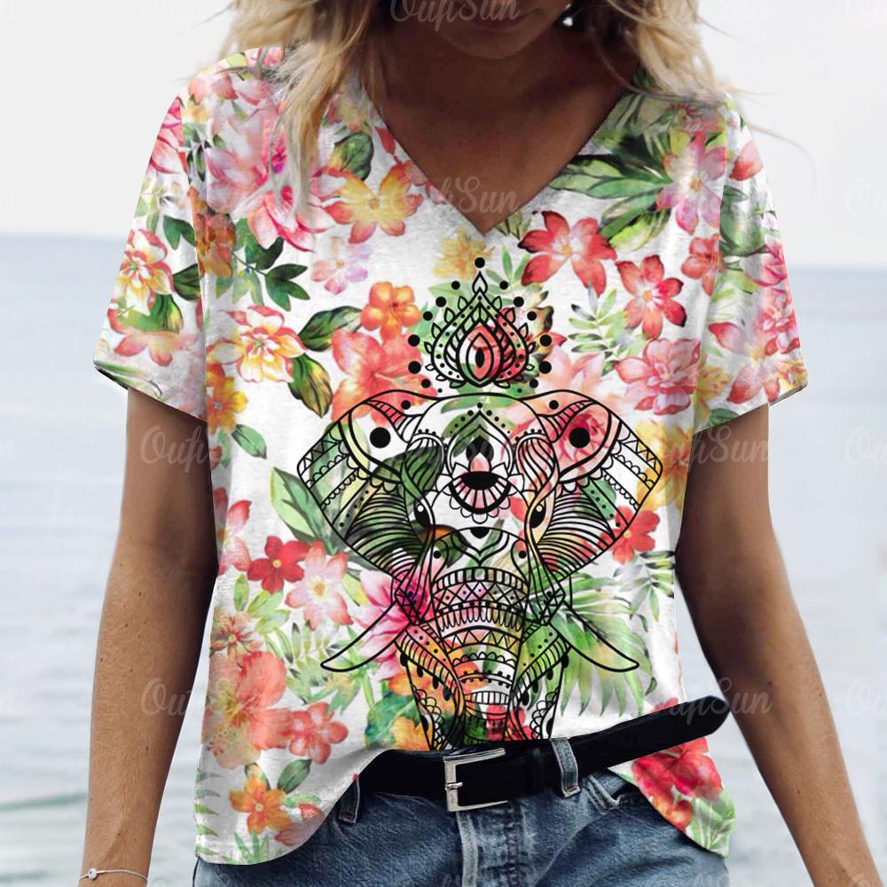 Топ Женская футболка с принтом слона Женская футболка большого размера Летняя женская одежда Футболки с V-образным вырезом и принтом животных Женская мода