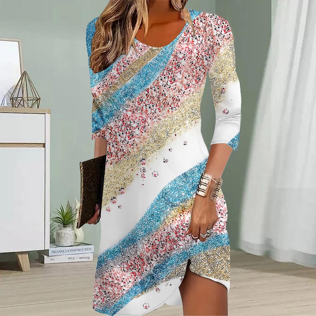 Женское повседневное платье Осенние платья с принтом Jade River для женщин с круглым вырезом и короткими рукавами Платье размера плюс